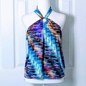ARIELLA Women's Watercolor Halter Top Blouse  Size M  Bold Multi Color Print